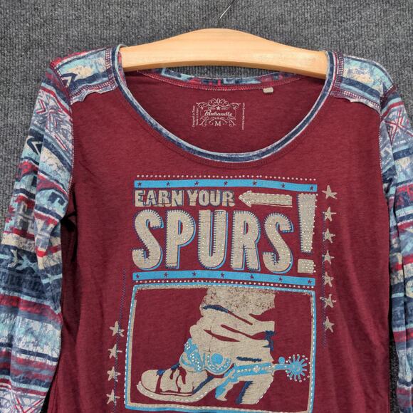 Panhandle Long Sleeve T Shirt Earn Your Spurs Rodeo Spirit Size M Red Western - Picture 6 of 10